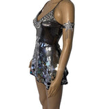 Mirror Dress Skater  Rave Festival Outfit Futuristic Disco Ball Umbrella Fan Boot Wraps