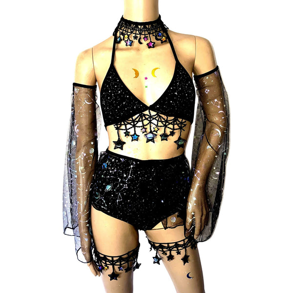 3 Pattern Options Stars and Moons Galaxy Celestial Rave  Festival Outfit Arm Warmers Mesh Skirt Bikini Necklace Leg garters